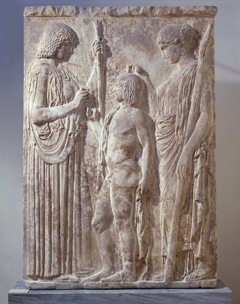 Bassorilievo eleusino con Demetra, Persefone e Trittolemo, V secolo a.C., Museo Nazionale di Atene